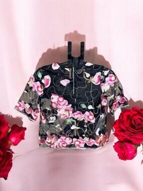 Love J Sheer Floral Embroidered Mesh Top Black Pink Size M